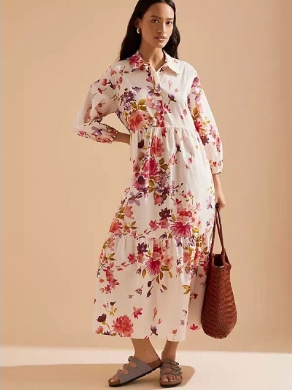 Anthropologie Maeve Button-Front Tiered Midi Dress in White and Pink